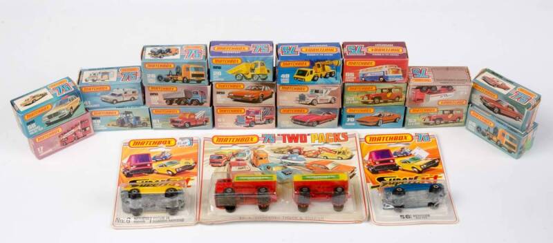 MATCHBOX: Group of Model Cars Including Cable Truck (26); And, 'Two' Packs Mercedes Truck & Trailer (TP-1); And, Superfast Mercedes 450 SEL (56). Most Mint, All in original cardboard boxes with lables see image for condition. (23 items)