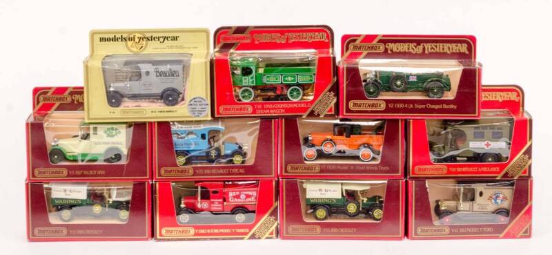 MATCHBOX: A Group of 'Models of Yesteryear' Including 1910 Renault Ambulance (Y-25); And, 1918 Atkinson Model D Steam Wagon (Y-18); And, 1930 4 1/2lt. Super Charged Bently (Y-2). All Mint in original cardboard boxes . (16 items)