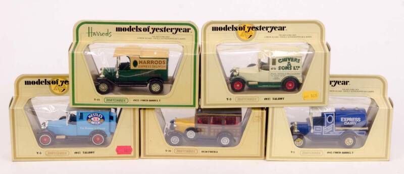 MATCHBOX: A Group of 'Models of Yesteryear' Including 1927 Talbot Ever Ready Batteries Van (Y-5); And, 1930 Ford 'A' OXO Van (Y-22); And, 1912 Ford Model T Captain Morgan Rum Van (Y-12). All Mint in original cardboard boxes . (42 items)