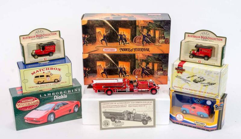 MATCHBOX: Group of Model Cars and Trucks Including 'Models of Yesteryear' Fire Engine Series 1930 Ahrens-Fox Quad (YSFE01); And 'Models of Yesteryear' Fire Engine Series 1936 Leyland Cub FK-7 Fire Engine (YFE08); And 1955 Holden FJ/2104 Panel Van Temora D