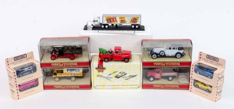 MATCHBOX: Group of Model Cars can Trucks Including 1955 Chevrolet 3100 Christmas Pickup (YSC02-M); And, Castlemaine XXXX Scania Tractor Trailer (CCY07/B-M); And, 'Models of Yesteryear 1939 Bedford K.D. Truck (Y63). All Mint in original cardboard packaging