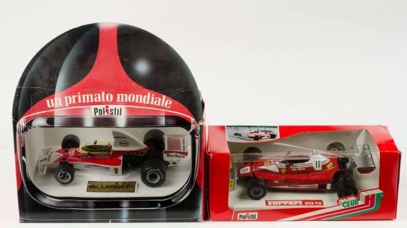 POLISTIL: 1:16 McLaren F1 Un Primato Mondiale (GF2); And, Ferrari 312 T2 (GG4). All in original cardboard boxes and labels see image for condition. (2 items)