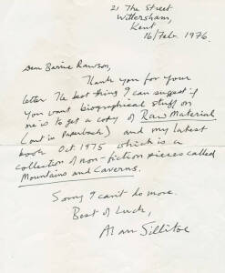 ALAN SILLITOE (1928-2010): English Novelist; signature on hand written letter dated 16th Feb. 1976. Signature fine