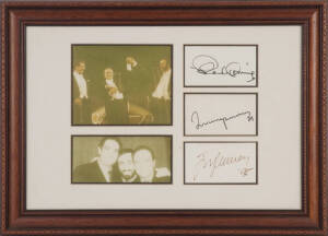 THE THREE TENORS, display comprising pieces signed by Plácido Domingo, José Carreras & Luciano Pavarotti, window mounted with two photographs, overall 53x39cm. With CoA.