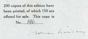 "THE PEN DRAWINGS OF NORMAN LINDSAY", special number of ART IN AUSTRALIA by Sydney Ure Smith & Bertram Stevens [Sydney 1918], limited edition 200 copies of only 150 were offered for sale this being 196/200, signed by the artist. Beautifully illustrated an