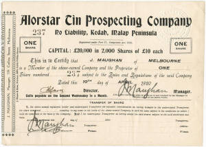 SHARE CERTIFICATES: "Alorstar Tin Prospecting Company, Kedah, Malay Peninsula", share certificates to J.Maughan of Melbourne, April 1920.