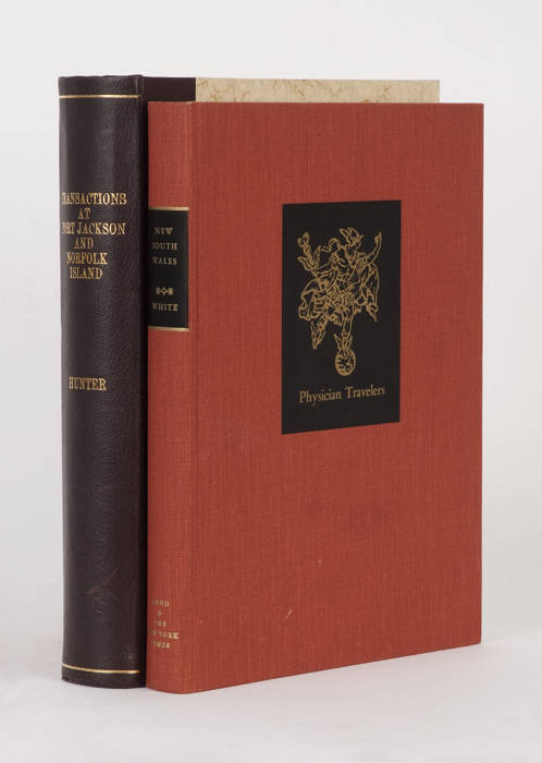 "Transactions at Port Jackson and Norfolk Island" by John Hunter [Adelaide, Libraries Board of South Australia 1968]. Australiana facsimile edition no.148. Marbled boards with brown leather bound spine and gilt lettering. Good condition. "Journal of a voy