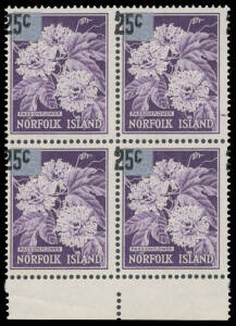 Norfolk Island - 1966 Decimal Surcharges '25c' on 2/5d Passionflower (SG.68 var.) with the Surcharge Misplaced to Left marginal block of 4 from the base of the sheet, unmounted.