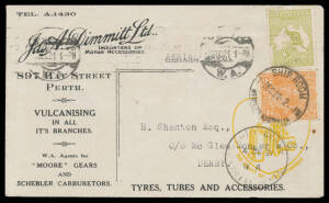 1921 (Dec 4) Perth-Derby AAMC#56a Jas A Dimmett Motor Accessories Castrol Oil advertising cover carried by Western Australian Airways on the inaugural flight of Australia's first regular airmail service with 3d Kangaroo (surface fault) and KGV 2d orange t