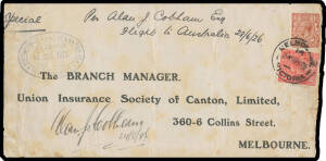 1926 (June 30) England-Australia-England AAMC#95 Union Insurance Society of Canton Ltd cover front endorsed "Per Alan J Cobham Esq/Flight to Australia 29/6/26" with Great Britain KGV 1&frac12;d and Australia KGV 1&frac12;d red both tied Melbourne '16AU26' arrival d/s s