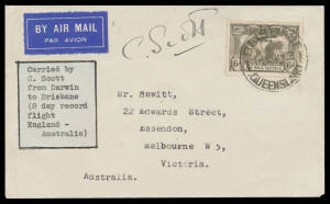 1932 (April 19) England-Australia AAMC#260a intermediate cover endorsed with typed 'Carried by C Scott from Darwin to Brisbane (8 day record flight England-Australia)' label immediately after his record-breaking flight to Darwin and signed "C Scott" on fa