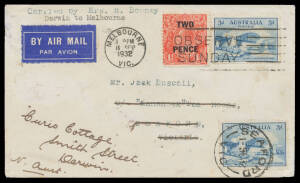 1932 (Aug 15) Brisbane-Brisbane AAMC#278 intermediate cover carried on the first aerial circumnavigation of Australia by a woman endorsed "Carried by Mrs H Bonney/Darwin to Melbourne" signed "Mrs Harry Bonney" on back with 3d Bridge x2 & KGV 'TWO/PENCE' o