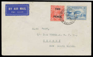 1932 (Aug 15) Brisbane-Brisbane AAMC#278 intermediate cover carried from Perth to Sydney on the first aerial circumnavigation of Australia by a woman signed "Mrs Harry Bonney" on back with 3d Bridge & KGV 'TWO/PENCE' on 1&frac12;d overprint tied Perth '-3SE32' d