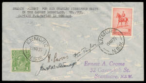 1935 (Nov 15) Sydney-Cloncurry AAMC#557 Crome cover carried on 'Gannet' monoplane flight to search for Sir Charles Kingsford Smith with KGV Jubilee 2d tied 'ENMORE/NSW' d/s & KGV 1d green tied same of '22NO35' on return signed by the pilot "PG Taylor" & c