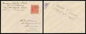 1937 (Apr 9) Brisbane-Darwin AAMC#713 intermediate cover endorsed "Brisbane Capetown Flight per Mrs Bonney 'My Little Ship II' Klemm Monoplane" with KGV 2d tied 'DARWIN NT/13AP37/AUSTRALIA' arrival d/s & signed on the reverse by the pilot "Dolores Bonney"