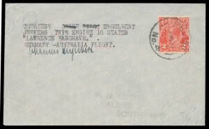 1937 (Feb 20) Germany-Australia AAMC#730 cover carried by Junkers 'Lawrence Hargrave' with KGV 2d cancelled on arrival at Melbourne with 'RELIEF/4MY37/No 4' cds & signed by engineer "Johannes Engelbert"; plus three intermediates (May 15) Melbourne-Sydney 