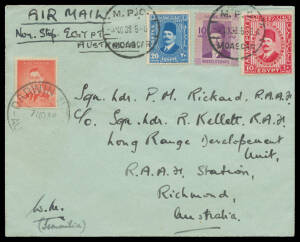 1938 (Nov 5) Egypt-Australia RAF Long-Range Bombers Flight AAMC#831 cover with Egypt 10mil x2 & 20m tied 'MPO/MOASCAR' d/s and Australia KGVI 2d affixed alongside tied 'DARWIN NT/7NO38/AUSTRALIA' arrival d/s, back flap missing otherwise fine condition, Ca
