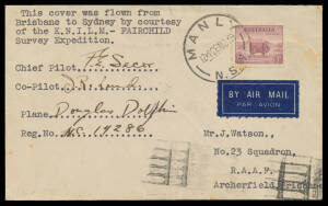 1939 (Nov 28) Sydney-Brisbane AAMC#885b cover carried by KNILM Fairchild Survey Flight in a Douglas Dolphin amphibean signed by the pilots "FE Secor" & "JR Lund", tiny blemishes, Cat $800.