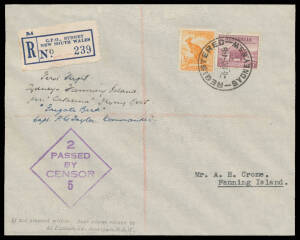 1944 (Nov 8) Sydney-Fanning Island AAMC#982 cover endorsed "per 'Catalina' Flying Boat "Frigate Bird" Capt PG Taylor Commander" with &frac12;d Roo & 5d Ram tied 'REGISTERED/SYDNEY NSW' d/s & blue R label alongside censored with Sydney cachet and 'POST OFFICE/13N