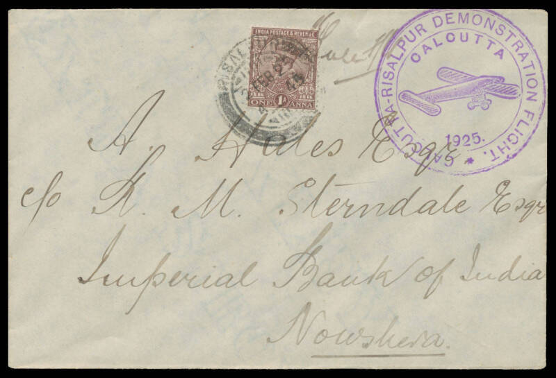 1925 (Feb 2) Rislapur-Calcutta cover carried on RAF demonstration flight with large 'CALCUTTA-RISLAPUR DEMONSTRATION FLIGHT/CALCUTTA/[Plane]/1925' illustrated cachet in violet and India KGV 1a tied 'RISLAPUR/2FEB25' d/s signed Flight Lieutenant Gordon on