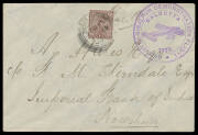 1925 (Feb 2) Rislapur-Calcutta cover carried on RAF demonstration flight with large 'CALCUTTA-RISLAPUR DEMONSTRATION FLIGHT/CALCUTTA/[Plane]/1925' illustrated cachet in violet and India KGV 1a tied 'RISLAPUR/2FEB25' d/s signed Flight Lieutenant Gordon on