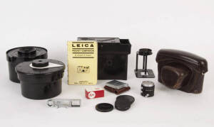 LEICA range: Bakelite developing tanks (2); bakelite "Roninax"; Leica leather camera case; Leitz filters (5); light meter; camera parts; lens caps (4); extension rings, manuals and accessories. G/VG condition.