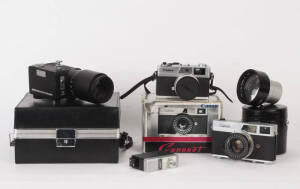 CANON Canonet 35mm rangefinder cameras (3); Canon C-8 converter; NICNON S 165mm (Field 300ft at 1000 yard) camera; Petri 35mm camera in leather case with 2 extra lenses; handbooks and Canon flashes (2). Fair to VG condition.