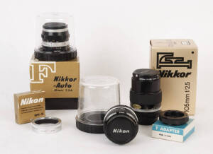 NIKON camera lenses: Nikkor-Auto 35mm f/2.8; Nikkor 28mm; Nikkor 105mm f/2.5; Nikon macro adapter ring; T adapter for Nikon. VG condition.