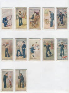 c1905-14 Sniders & Abrahams cards, noted 1905 "Naval Terms" [12]; 1906 "Jokes" [43/60]; 1908 "Admirals and Warships" [18/20]; 1910 "Dogs" [16]; 1912 "Animals & Birds" [60]; 1914 "Butterflies & Moths" [60]. Poor/G.