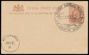 1911 (Feb 18) Allahabad-Naini use of India KEVII 1/4a tied by a superb strike of the 'FIRST AERIAL POST/[PLANE]/1911/U.P. EXHIBITION ALLAHABAD' cachet in black, 'ALLAHABAD/18FE/11' cds at lower-left, unaddressed with message "With the founders/compliments