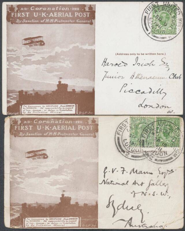 1911 (Sep 9) London-Windsor Coronation Flight PPC in brown with printed instructions on the reverse, Downey Head 1/2d tied by largely superb 'FIRST UNITED KINGDOM/AERIAL POST/SP9/1911/LONDON/-1-' cds, small corner crease; and another similar with #2 cds o