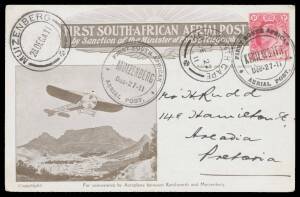 1911 (Dec 27) Kenilworth-Muizenberg 'FIRST SOUTH AFRICAN AERIAL POST' PPC with CofGH 1d tied by superb 'FIRST SOUTH AFRICAN/KENILWORTH/Dec-27-11/AERIAL POST' cancel,