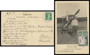 1913 (March 30) Burgdorf-Bern (Switzerland) per the Swiss aviator Oskar Bider - we'll call him "the Swiss Bleriot" - being a PPC of Bider & his plane with flight "Cinderella" on the viewside, Tell's Son 5c tied by '.../Burgdorf-Bern' cds in violet. Superb
