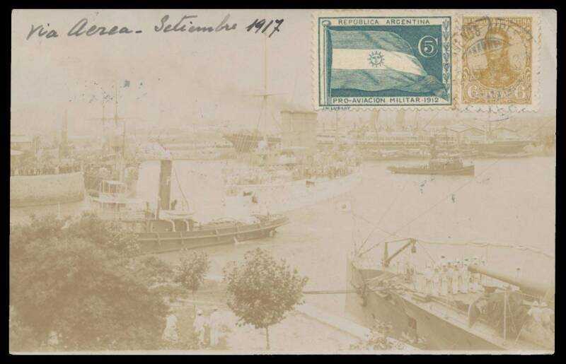 1917 (Sep 2) Buenos Aires-Montevideo First International Flight Between Argentina & Uruguay per Teodoro Fels with Argentina 6c + 5c 'PRO-AVIACION MILITAR 1912' "flag" semi-postal stamp both tied by light Buenos Aires cds to viewside of real photo of shipp