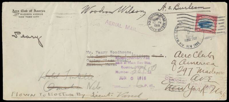 1918 (June 3) New York-Boston attempted First Air Mail Flight per French military aviator Lieutenant Vanel envelope with 'Aero Club of America/...' imprint at upper-left & 24c Airmail (straight-edge at right) tied by 'AIR MAIL SERVICE_____/JUN/3/1918/FIRS