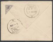 1918 (Dec 18) England-India small envelope endorsed "By first aeroplane UK to India" with the three-line cachet in rosine & Indian 2a6p cancelled on arrival at 'KARACHI/17JAN19', 'PASSED CENSOR/ 1 /KARACHI' cachet in violet & 'MANORA' arrival b/s. Superb! - 2