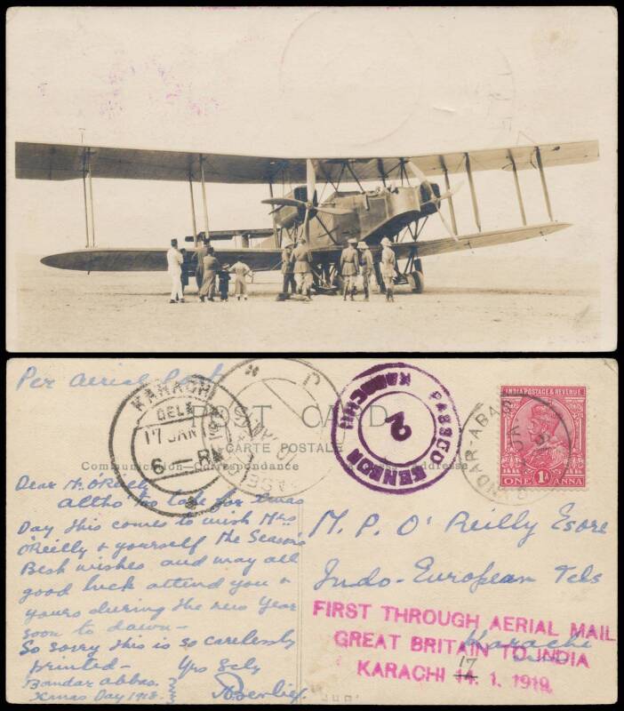 1918 (Dec 18) England-India real photo PPC of the Handley Page V 'Old Carthusian' plane being inspected by the crew & local Arabs endorsed "Per Aerial Post" carried on the last leg of the RAF Survey Flight with message is datelined "Bandar Abbas/Xmas Day