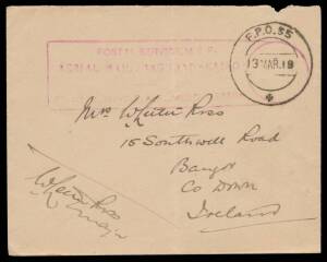 1919 (March 13) Baghdad-Cairo unfranked cover to Ireland with Indian ‚¬ËœFPO 55‚¬„¢ d/s and ‚¬ËœPOSTAL SERVICE MEF/AERIAL MAIL BAGHDAD-CAIRO/BY 31ST WING RAF MESOPOTAMIA‚¬„¢ boxed cachet in violet endorsed by sender on face & carried on the second special