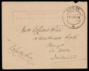 1919 (March 13) Baghdad-Cairo unfranked cover to Ireland with Indian &sbquo;&not;&Euml;&oelig;FPO 55&sbquo;&not;&bdquo;&cent; d/s and &sbquo;&not;&Euml;&oelig;POSTAL SERVICE MEF/AERIAL MAIL BAGHDAD-CAIRO/BY 31ST WING RAF MESOPOTAMIA&sbquo;&not;&bdquo;&cent; boxed cachet in violet endorsed by sender on face & carried on the second special