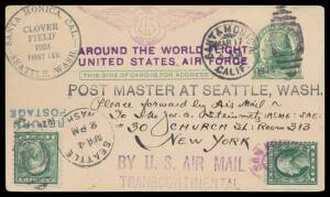 1924 (Apr-Sep) First Aerial Circumnavigation of the Globe by members of the United States Army Air Service, preliminary stage Santa Monica (CA)-Seattle (WA) Franklin 1c Postal Card with 'AROUND THE WORLD FLIGHT/