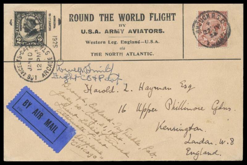 1924 (Apr-Sep) First Aerial Circumnavigation of the Globe by members of the United States Army Air Service, Western Leg England-United States commemorative 'ROUND THE WORLD FLIGHT/...' envelope