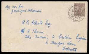 1925 (Jan 27) Jalpaiguri-Calcutta Newall #25.02a cover endorsed "By air from Jalpaiguri-Calcutta" carried by Sir Alan Cobham on his India Survey Flights self-addressed to his engineer AB Elliott with India KGV 1a tied 'JALPAIGURI/27JAN25' d/s and 'CALCUTT