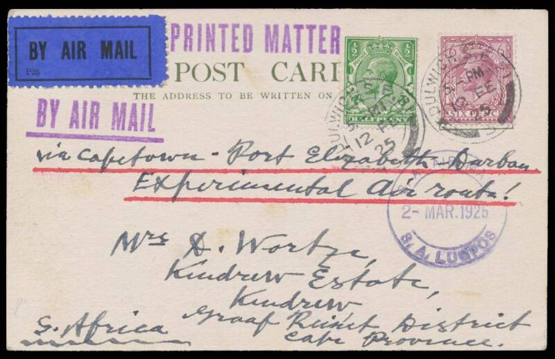 1925 (March 2) Capetwon-Durban postcard from GB endorsed "aia Capetown-Port Elizabeth-Durban/Experimental Air route" with 'S A AIR MAIL/2MAR1925/S A LUGPOS' cds. More than 2000 letters but only 67 postcards were flown.