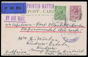 1925&nbsp;(March 2)&nbsp;Capetwon-Durban postcard from GB endorsed "aia Capetown-Port Elizabeth-Durban/Experimental Air route" with 'S A AIR MAIL/2MAR1925/S A LUGPOS' cds. More than 2000 letters but only 67 postcards were flown.