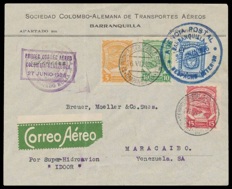 1925 (June 27) Colombia-Venezuela First Flight per flying boat "Idoor" with Colombia 3c tied by 'AGENCIA POSTAL/BARRANQUILLA/...' cds in blue plus SCADTA 5c 10c & 15c