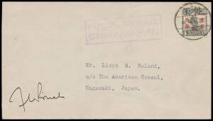 1925 (Sep 26) China-Japan per Francesco de Pinedo, China '3/Cts' on 4c junk tied by bilingual cds & light but obvious boxed 'FIRST AIRMAIL/CHINA-JAPAN' h/s, signed by the pilot "FdePinedo"