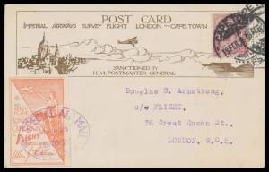 1925 (Nov 16) London-Capetown Imperial Airways Survey Flight souvenir postcard carried by Alan Cobham & AB Elliot in their DH50 with 'BY AEROPLANE LONDON-CAPETOWN "FLIGHT" SPECIAL MAIL' imperforate label in red tied 'BY SPECIAL AIR MAIL/16-11-25/LONDON/CA