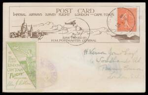 1925 (Nov 16) London-Capetown Imperial Airways Survey Flight souvenir postcard carried by Alan Cobham & AB Elliot in their DH50 with 'BY AEROPLANE LONDON-CAPETOWN "FLIGHT" SPECIAL MAIL' imperforate label in green tied 'BY SPECIAL AIR MAIL/16-11-25/LONDON/