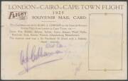1925 (Nov 16) London-Capetown Imperial Airways Survey Flight souvenir postcard carried by Alan Cobham & AB Elliot in their DH50 with 'BY AEROPLANE LONDON-CAPETOWN "FLIGHT" SPECIAL MAIL' imperforate label in green tied 'BY SPECIAL AIR MAIL/16-11-25/LONDON/ - 2