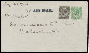 1926 (Aug 23) Singapore-Kuala Lumpur Experimental Flight with 'BY AIR MAIL' h/s, Straits Settlements 1c & 3c tied by light Singapore cds and very fine 'KUALA LUMPUR' arrival b/s.